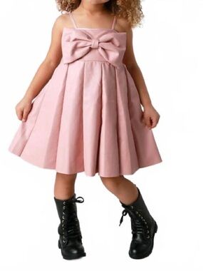 Girls Pink Bow Front Party Leather Dress